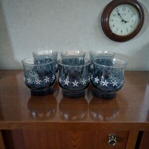 Mid-Century Blue Floral Glasses Set of 6 | Vintage Tumblers